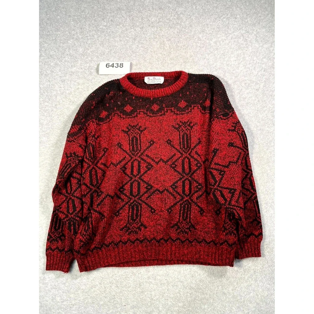 Nan Dorsey Sweater Mens Medium Red Black Geometric Tight Knit Acrylic Crew Neck